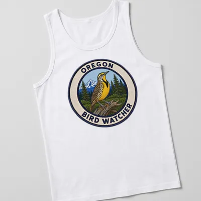 Vintage patch style t-shirt featuring a Western Meadowlark and text about bird watching — printed on a tank top
