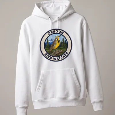 Vintage patch style t-shirt featuring a Western Meadowlark and text about bird watching — printed on a unisex hoodie