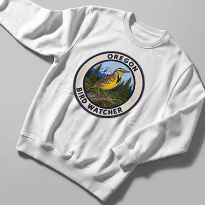 Vintage patch style t-shirt featuring a Western Meadowlark and text about bird watching — printed on a unisex sweatshirt