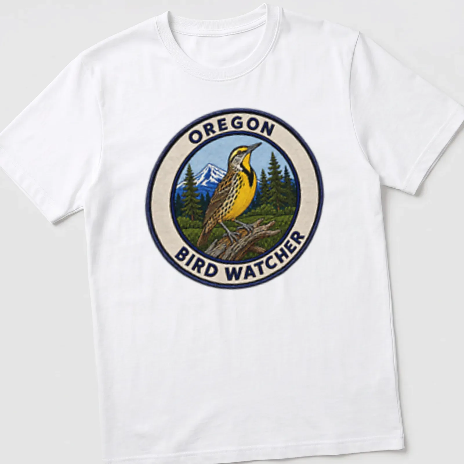 Vintage patch style t-shirt featuring a Western Meadowlark and text about bird watching — printed on a unisex t-shirt