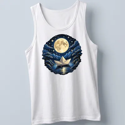 Illustrative origami paper boat illuminated by a full moon on dark blue ocean. — printed on a tank top