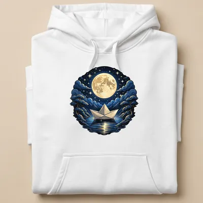 Illustrative origami paper boat illuminated by a full moon on dark blue ocean. — printed on a unisex hoodie