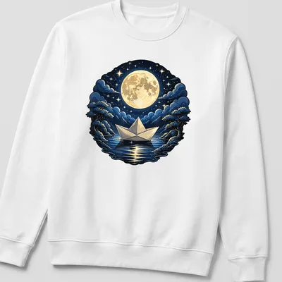 Illustrative origami paper boat illuminated by a full moon on dark blue ocean. — printed on a unisex sweatshirt