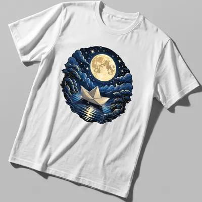 Illustrative origami paper boat illuminated by a full moon on dark blue ocean.