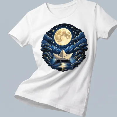 Illustrative origami paper boat illuminated by a full moon on dark blue ocean. — printed on a women's shirt