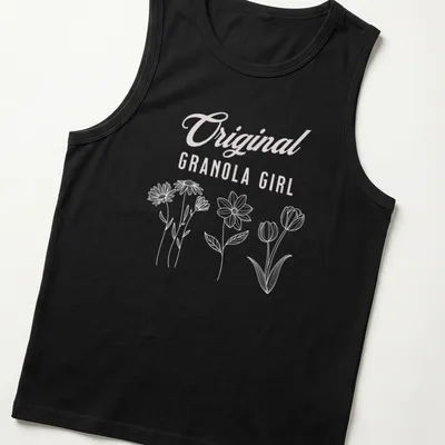 Minimalist line-art floral design with 'Original Granola Girl' text in pink — printed on a tank top
