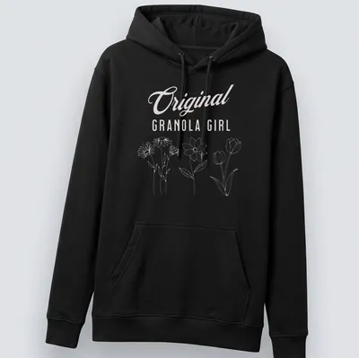 Minimalist line-art floral design with 'Original Granola Girl' text in pink — printed on a unisex hoodie