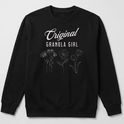 Minimalist line-art floral design with 'Original Granola Girl' text in pink — printed on a unisex sweatshirt