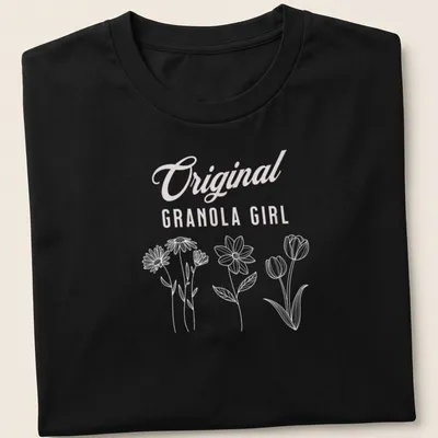 Minimalist line-art floral design with 'Original Granola Girl' text in pink