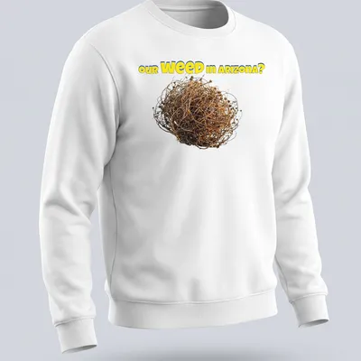 Bold colorful T-shirt with tumbleweed and the text 'our WEED in ARIZONA?' — printed on a unisex sweatshirt