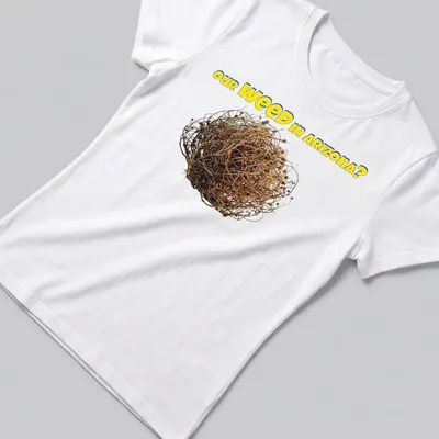 Bold colorful T-shirt with tumbleweed and the text 'our WEED in ARIZONA?' — printed on a women's shirt