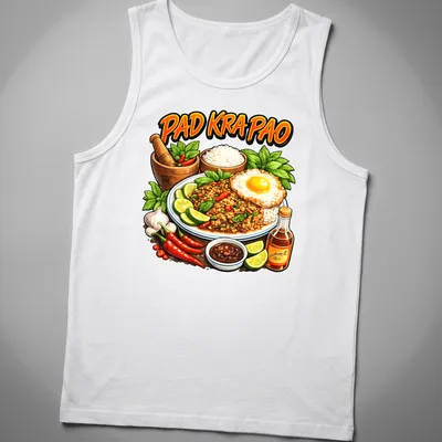 Vibrant illustration of Pad Kra Pao featuring ground meat and fried egg — printed on a tank top