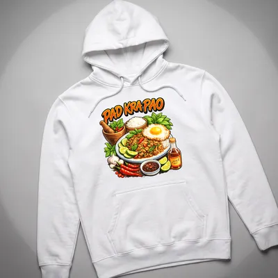 Vibrant illustration of Pad Kra Pao featuring ground meat and fried egg — printed on a unisex hoodie