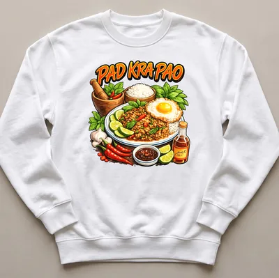 Vibrant illustration of Pad Kra Pao featuring ground meat and fried egg — printed on a unisex sweatshirt