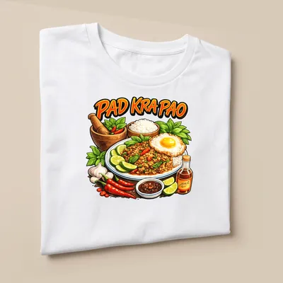 Vibrant illustration of Pad Kra Pao featuring ground meat and fried egg — printed on a unisex t-shirt (angled view)