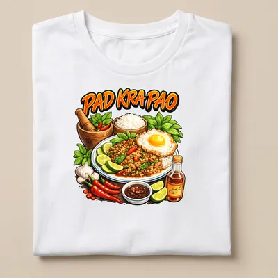 Vibrant illustration of Pad Kra Pao featuring ground meat and fried egg