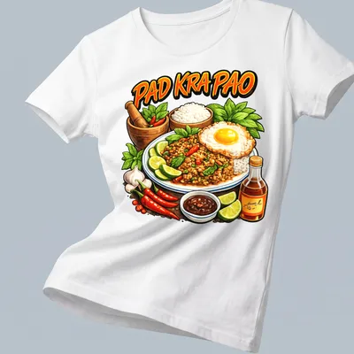 Vibrant illustration of Pad Kra Pao featuring ground meat and fried egg — printed on a women's shirt