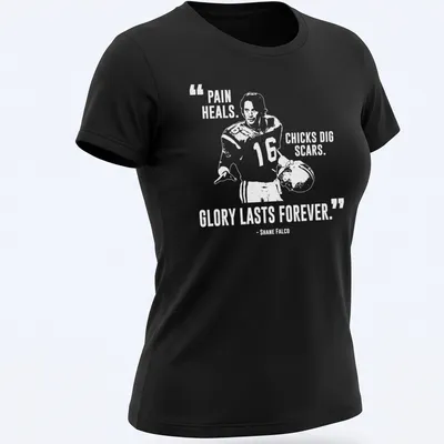 Bold typography shirt with motivational quote about pain and glory — printed on a women's shirt