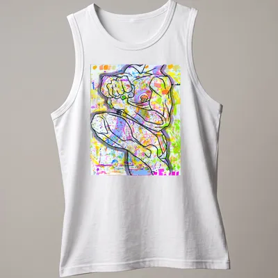 Abstract colorful design featuring a muscular figure in various bright shades. — printed on a tank top