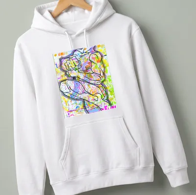 Abstract colorful design featuring a muscular figure in various bright shades. — printed on a unisex hoodie