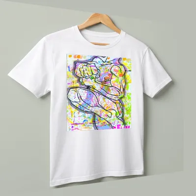 Abstract colorful design featuring a muscular figure in various bright shades. — printed on a unisex t-shirt (angled view)
