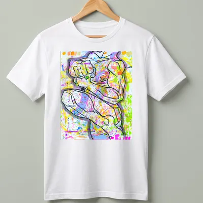 Abstract colorful design featuring a muscular figure in various bright shades.
