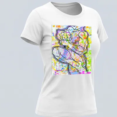 Abstract colorful design featuring a muscular figure in various bright shades. — printed on a women's shirt