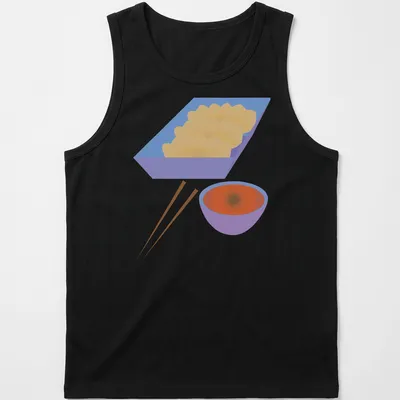 Minimalist illustration of pan fried dumplings with sauce in vibrant colors — printed on a tank top