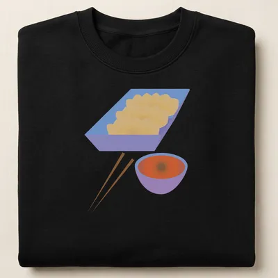 Minimalist illustration of pan fried dumplings with sauce in vibrant colors — printed on a unisex sweatshirt