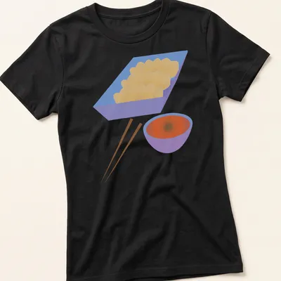 Minimalist illustration of pan fried dumplings with sauce in vibrant colors — printed on a women's shirt