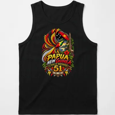 Vibrant detailed print featuring Bird of Paradise with independence text — printed on a tank top