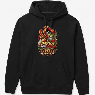 Vibrant detailed print featuring Bird of Paradise with independence text — printed on a unisex hoodie