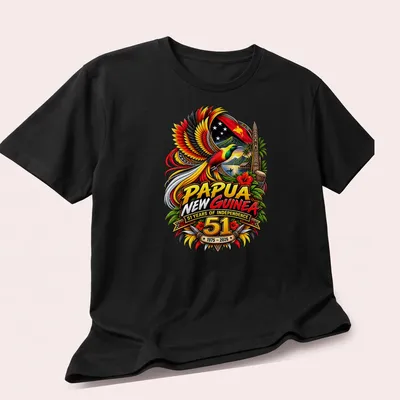Vibrant detailed print featuring Bird of Paradise with independence text — printed on a unisex t-shirt (angled view)