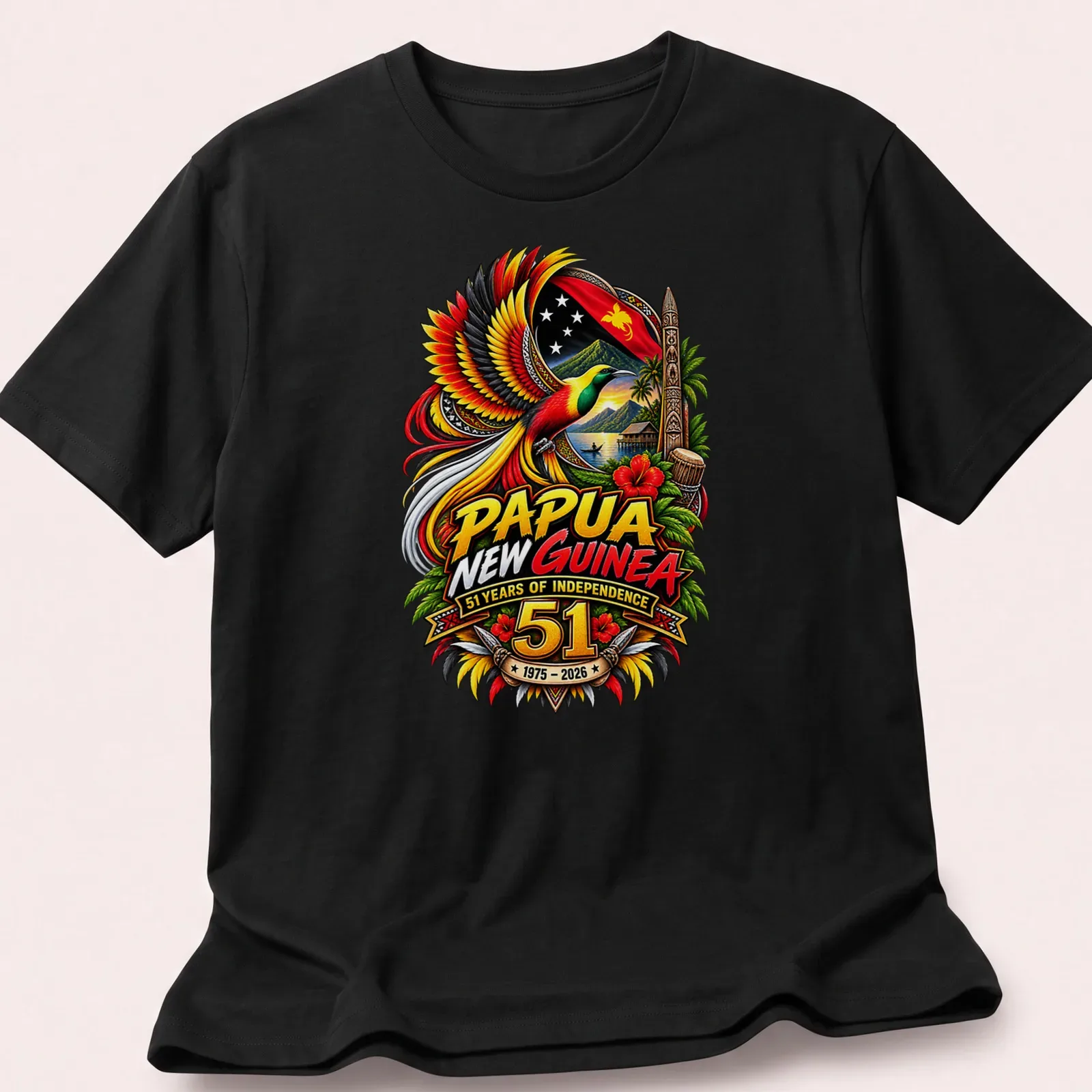 Vibrant detailed print featuring Bird of Paradise with independence text — printed on a unisex t-shirt
