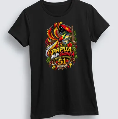 Vibrant detailed print featuring Bird of Paradise with independence text — printed on a women's shirt