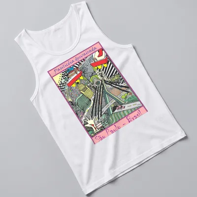 Colorful pop art collage of São Paulo skyline with landmarks — printed on a tank top