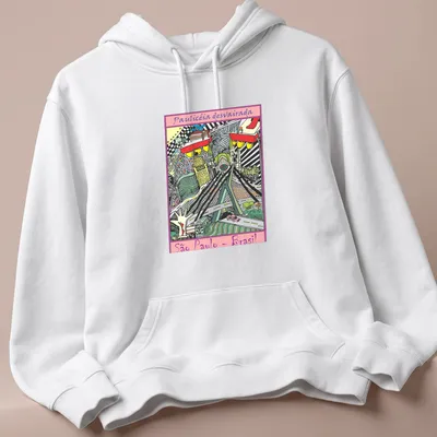 Colorful pop art collage of São Paulo skyline with landmarks — printed on a unisex hoodie
