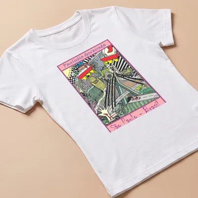 Colorful pop art collage of São Paulo skyline with landmarks — printed on a women's shirt