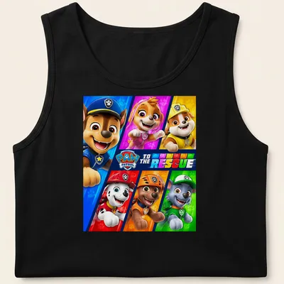 Colorful cartoon Paw Patrol characters with text 'To The Rescue' on — printed on a tank top