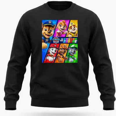 Colorful cartoon Paw Patrol characters with text 'To The Rescue' on — printed on a unisex sweatshirt
