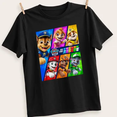 Colorful cartoon Paw Patrol characters with text 'To The Rescue' on t-shirt