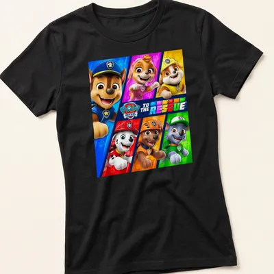 Colorful cartoon Paw Patrol characters with text 'To The Rescue' on — printed on a women's shirt