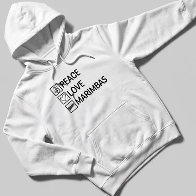 Text reading 'Peace Love Marimbas' with a marimba illustration in bold typography — printed on a unisex hoodie
