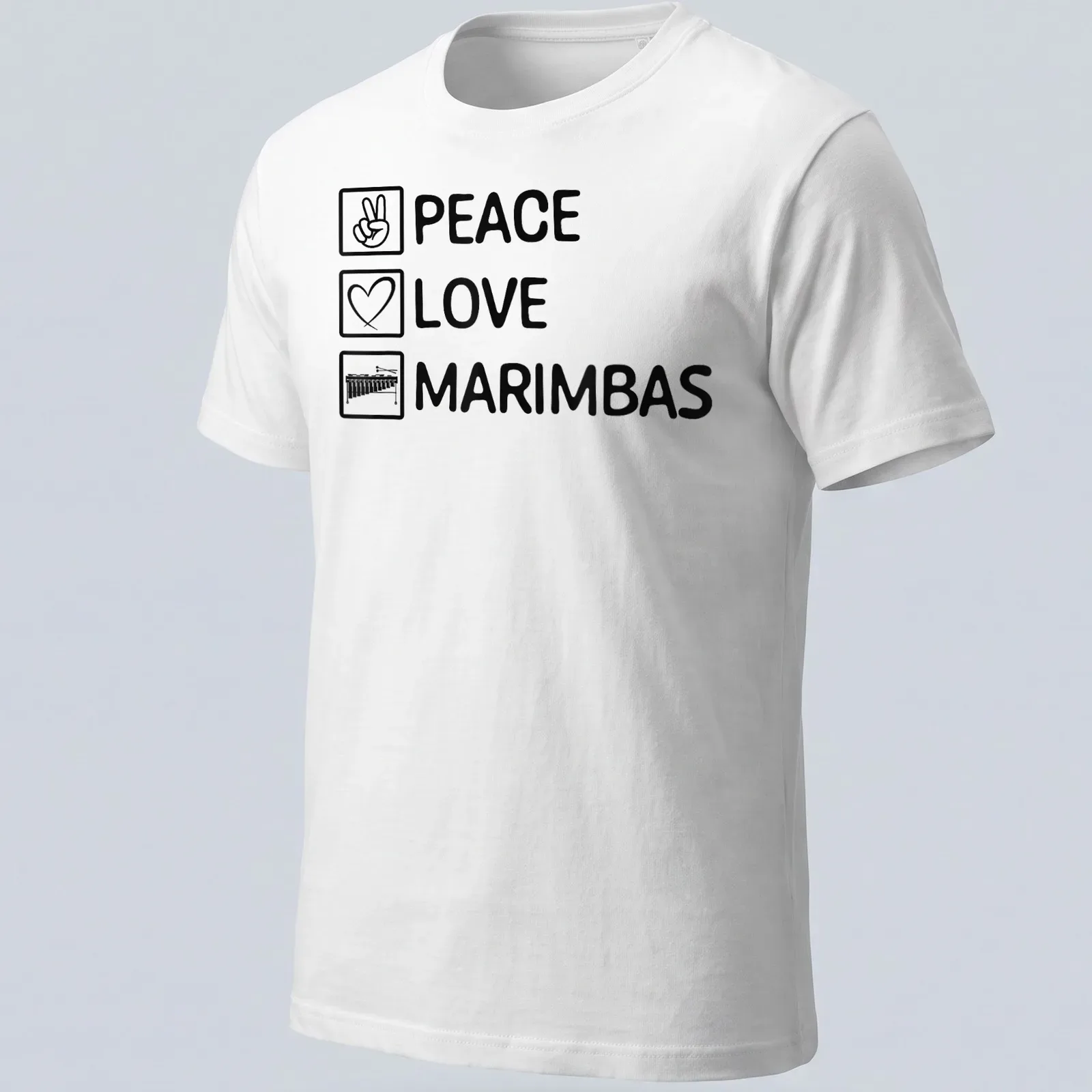 Text reading 'Peace Love Marimbas' with a marimba illustration in bold typography — printed on a unisex t-shirt
