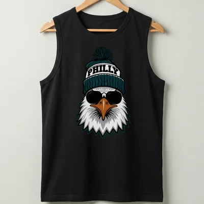 Cartoon-style Philly eagle in sunglasses and hat with the word PHILLY — printed on a tank top