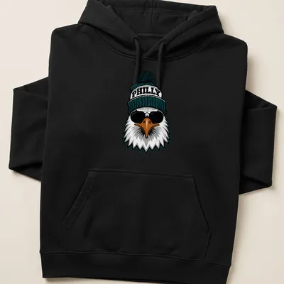 Cartoon-style Philly eagle in sunglasses and hat with the word PHILLY — printed on a unisex hoodie