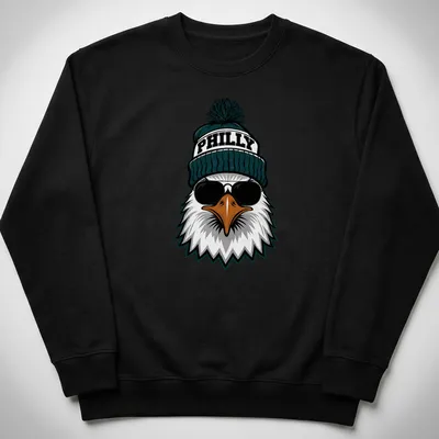 Cartoon-style Philly eagle in sunglasses and hat with the word PHILLY — printed on a unisex sweatshirt