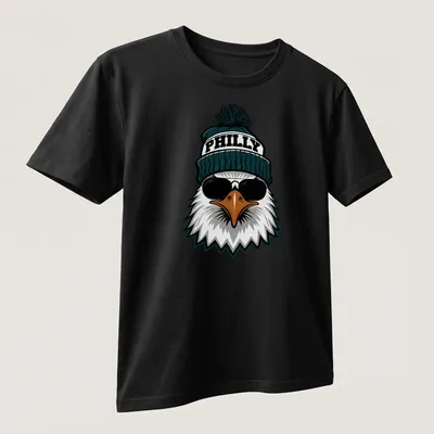 Cartoon-style Philly eagle in sunglasses and hat with the word PHILLY — printed on a unisex t-shirt (angled view)