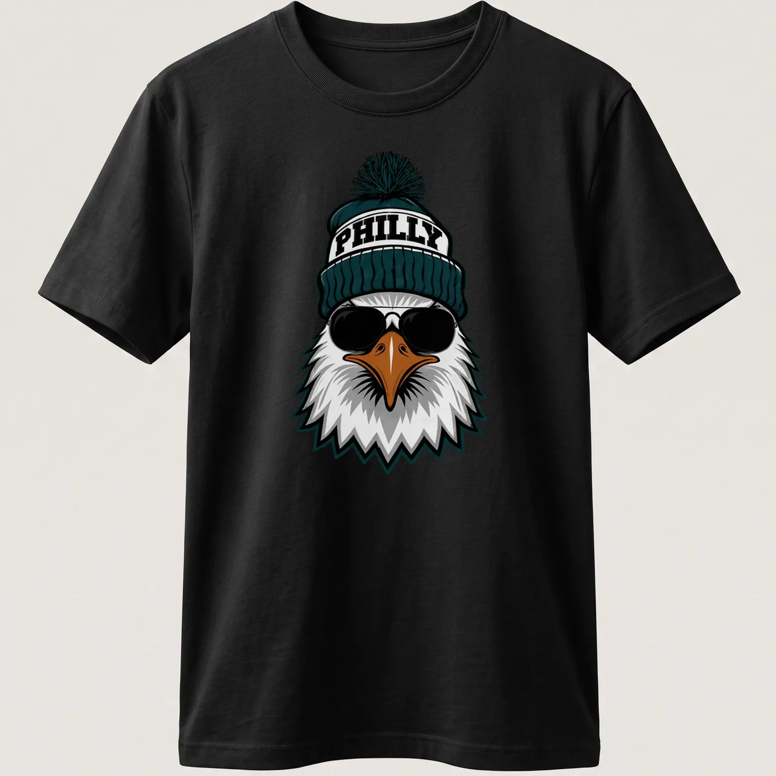 Cartoon-style Philly eagle in sunglasses and hat with the word PHILLY — printed on a unisex t-shirt