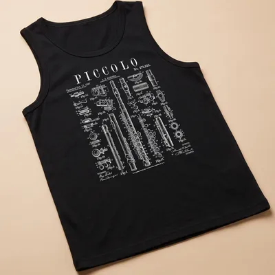 Vintage patent drawing of a piccolo flute with detailed text — printed on a tank top